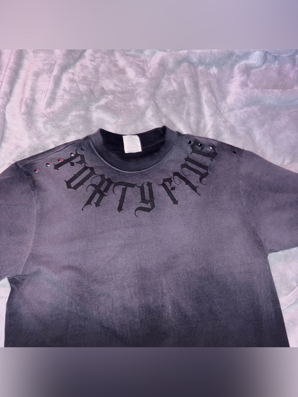 Black Graphic Crewneck Top with Stud Detail